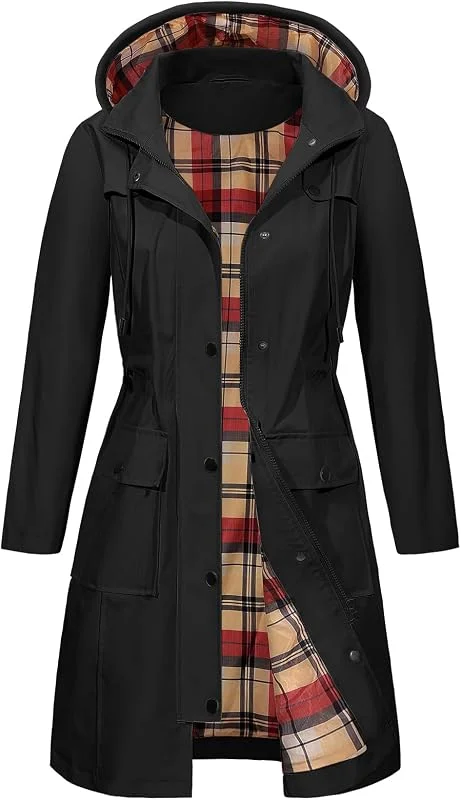 Tuopuda Parka Imperméable Femme Longue Coupe Vent avec Capuche Veste de Pluie Printemps Automne Manteau mi Saison Vêtements d'Extérieur Zippé pour Camping Randonnée Pêche Sport — Vetements ski