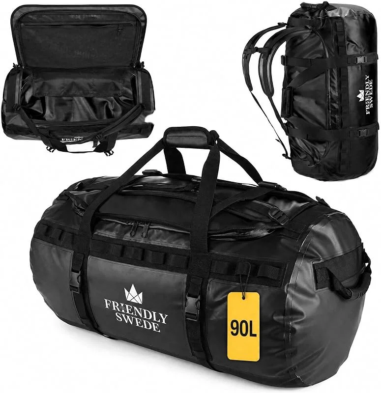 The Friendly Swede Sac de Sport Sac à Dos Imperméable, PVC 500D, 90L Noir — Equipement ski