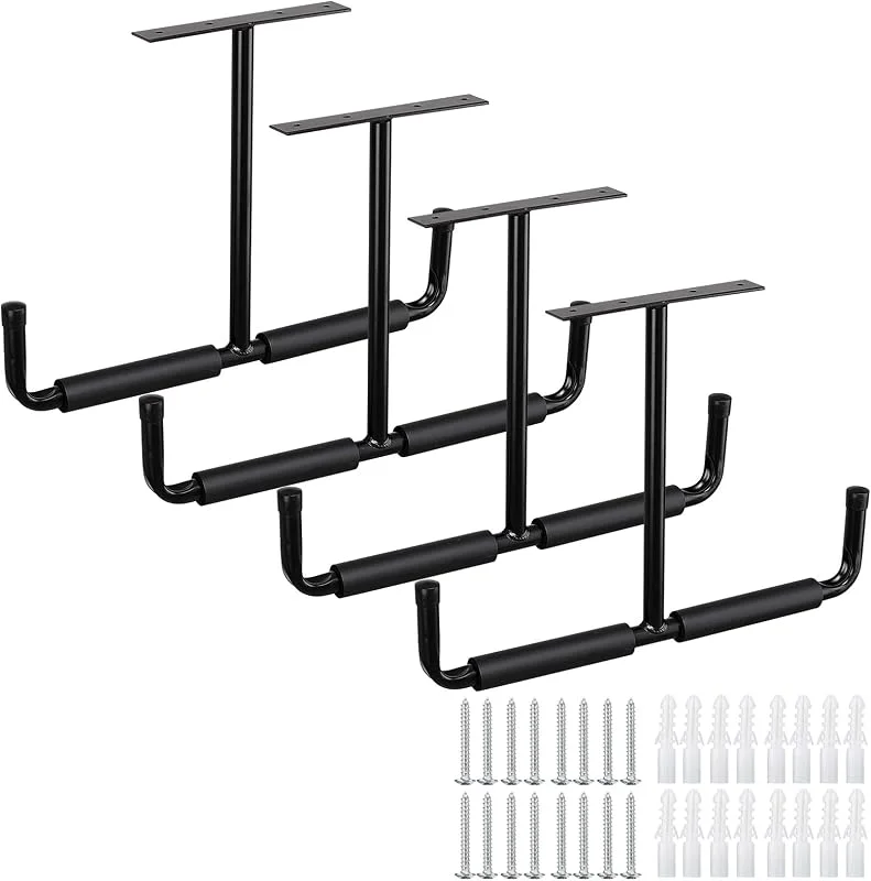 Lot de 4 crochets de plafond caoutchoutés pour garage - En acier noir - Double pointe - 20 cm - Pour échelle et équipements de sport tels que ski, planche de surf, canne à pêche — Equipement ski