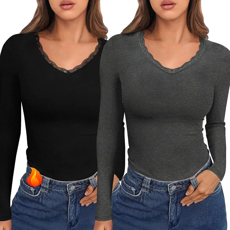 Haut Thermique Femme Col V en Dentelle Manches Longues Style Sport — Vetements ski