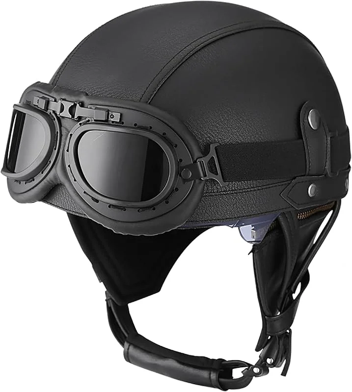 EBAYIN Casque Bol Homologué ECE Demi-Casque, Casque de Pilote Vintage, Casque de Jet avec Lunettes de Protection Cruiser Chopper Scooter, personnalisé pour Homme et Femme, C-XL=（61~62cm） — Equipement ski