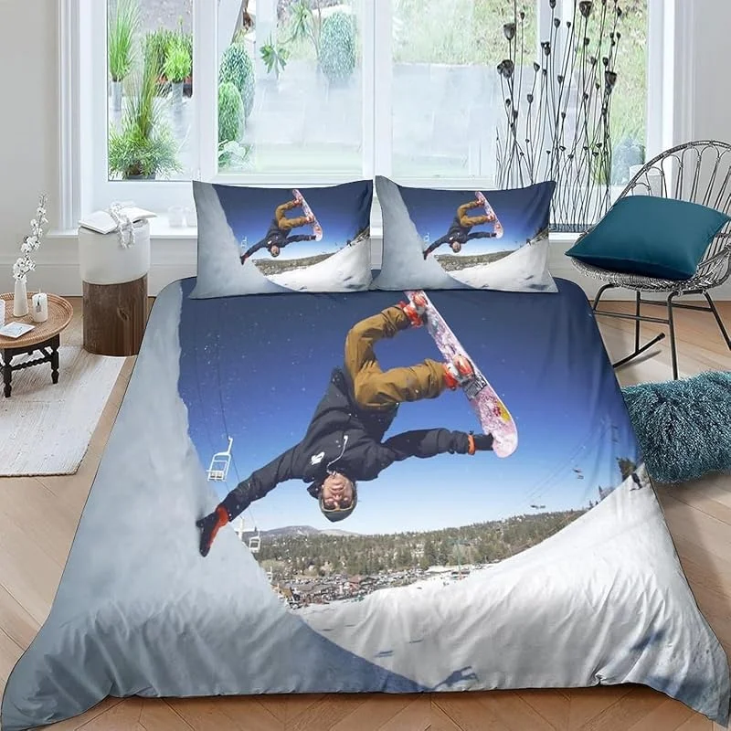 Housse De Couette 150X200 Cm 1, 2 Personne 3 Pièces Ultra Doux 3D Ski Sports Extrêmes Parure De Lit en Microfibre avec Fermeture Éclair Enfant Garçon Fille avec 2 Taies D'Oreillers -830S785E988T — Equipement ski