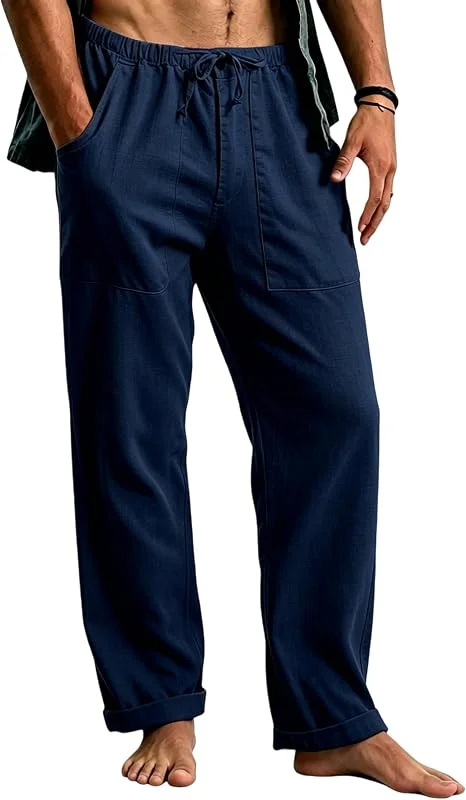 Cegerne Pantalon en Lin Homme Long Léger, Pantalon d'Été Décontracté avec Taille Élastique et Cordon, pour Plage Vacances Médiéval Vintage Usage Quotidien — Vetements ski