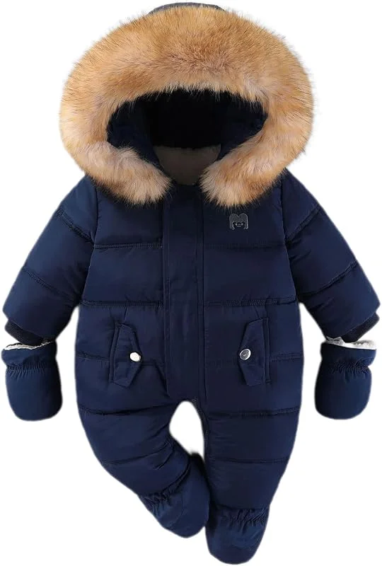 Bébé Hiver Combinaison de Ski Enfant toison Barboteuse Encapuchonné Jumpsuit Nourrisson Garçons Filles Chaud Fermeture éclair Vêtements D'Extérieur avec Gants Bleu 3-6 Mois — Vetements ski
