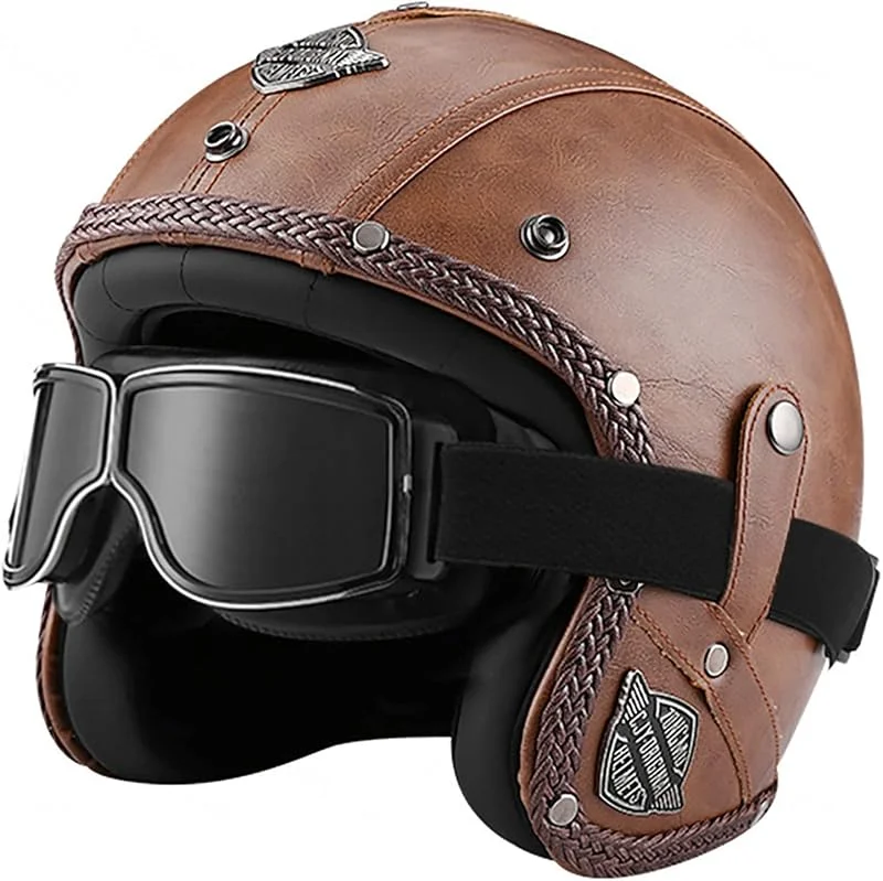 EBAYIN Cyclomoteur Jet Casque 3, 4 Casque en Cuir Demi Casque Vintage Rétro Casque Hommes Et Femmes Scooter avec Visière Open Face Casque Dot ECE Certification, H-M=(57~58cm) — Equipement ski