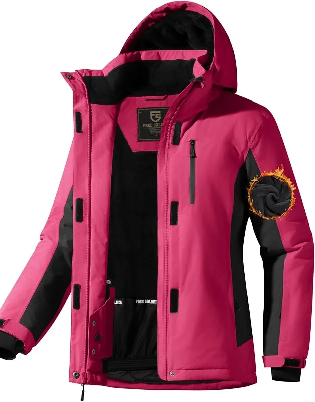 FREE SOLDIER Veste de ski imperméable pour femme avec doublure en polaire - Veste de pluie d'hiver chaude avec capuche et coutures entièrement soudées — Vetements ski