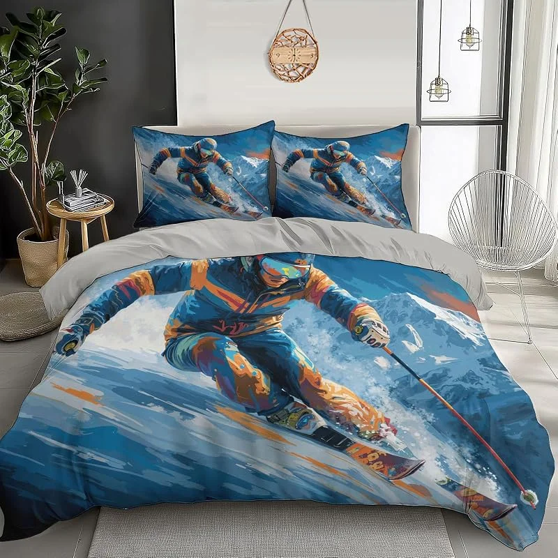 Parure de lit 220x240cm 3 Pièces, Motif Skieurs Ski Sports Thème, Réversible Douce, 1 Housse de Couette 220x240cm et 2 Taies d'oreiller 65 x 65 cm avec Fermeture éclair — Equipement ski
