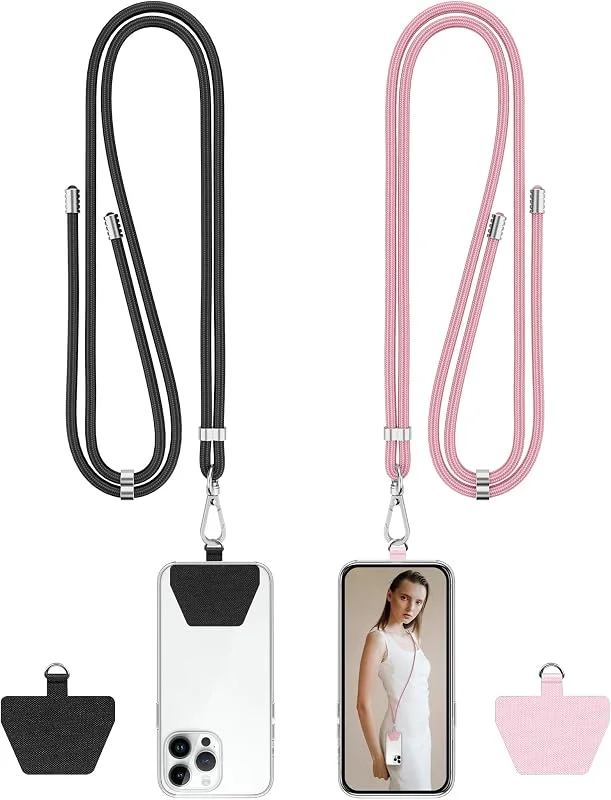 COCASES Bandoulière universelle pour téléphone portable - 2 pièces Bandoulière en nylon compatible avec tous les smartphones, sangle pour téléphone portable avec cordon (Noir, Rose) — Equipement ski