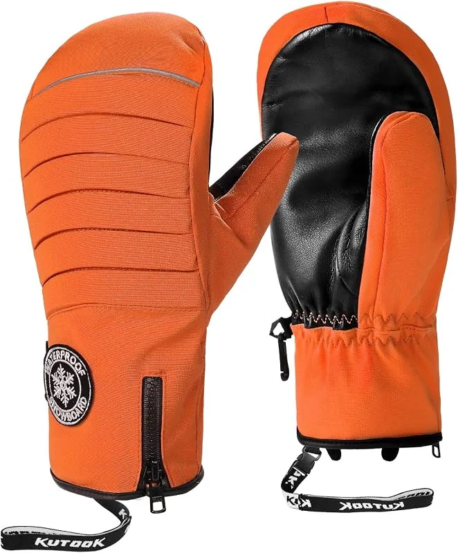 KUTOOK Gants de Ski Gants de Snowboard Hiver Cuir de Chèvre Imperméable Chauffant Coupe-Vent en Cuir Snowboard Neige Randonnée Homme Femme — Vetements ski