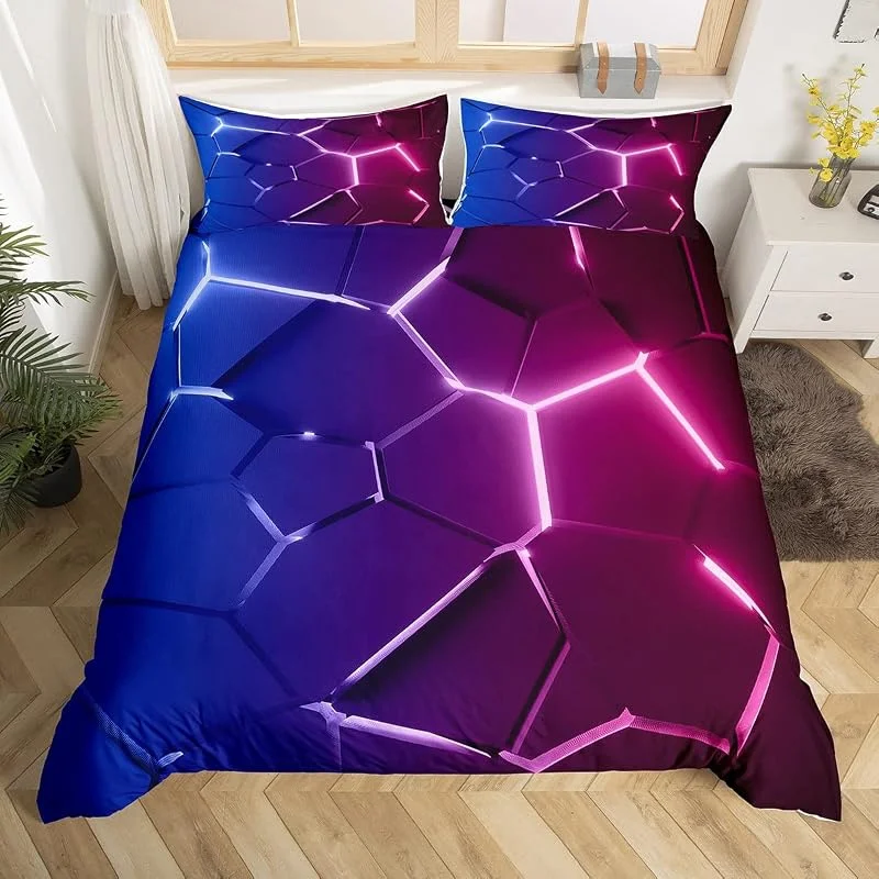 Homemissing Parure de lit à motif nid d'abeille bleu et rouge hexagonal pour garçons, filles et enfants – Housse de couette géométrique ruche – Décoration de chambre simple réticulée – Housse de — Equipement ski