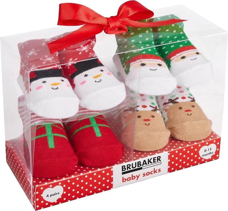 BRUBAKER - Chaussettes bébé - Lot de 4 Paires - Garçon, Fille 0-12 Mois - Coffret cadeau Naissance, Baptême - Bonhomme de neige, Père Noël, Renne — Vetements ski